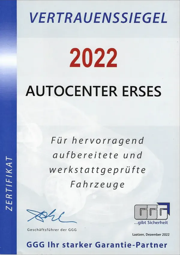 GGG Vertrauenssiegel 2022 für Autocenter Erses für hervorragend aufbereitete und werkstattgeprüfte Fahrzeuge