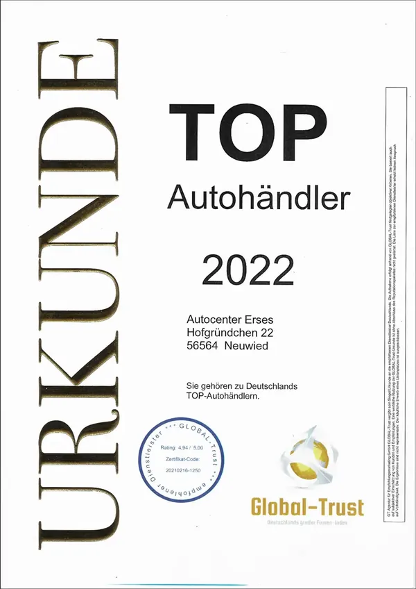 Urkunde TOP Autohändler 2022 von Global-Trust für Autocenter Erses