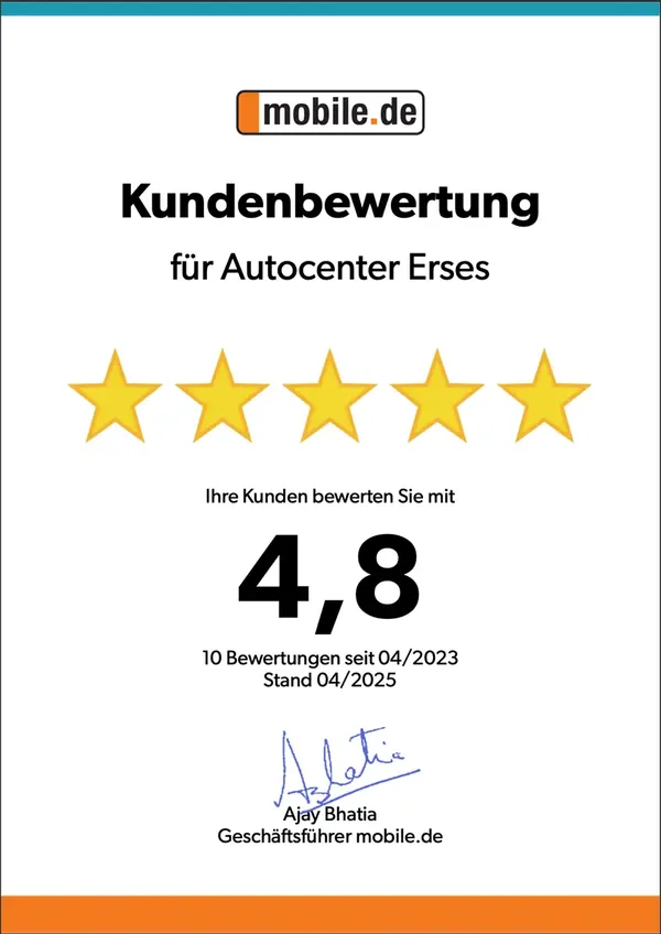 mobile.de Kundenbewertung für Autocenter Erses: Ihre Kunden bewerten Sie mit 4,8 von 5 Sternen, 10 Bewertungen seit 04/2023, Stand 04/2025