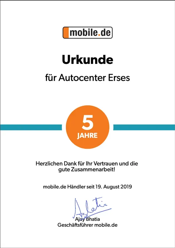 mobile.de Urkunde für Autocenter Erses: 5 Jahre mobile.de-Händler, seit 19. August 2019